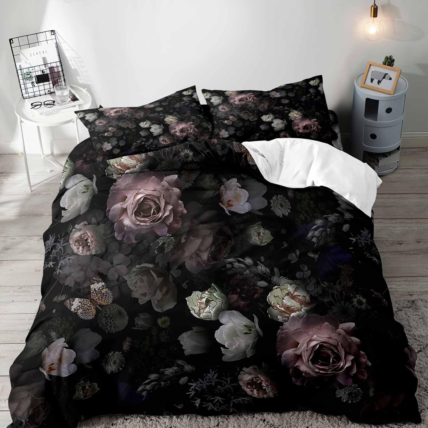 Aesthetic Floral Duvet Cover - Czarny kwiatowy zestaw pościeli Queen, gotycka