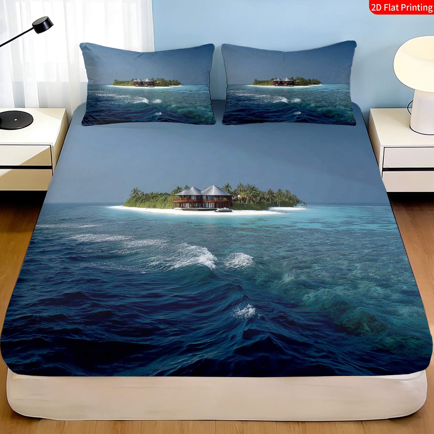 Fitted Bed Sheets Deep Pocket - Komplet pościeli z motywem tropikalnej wyspy,