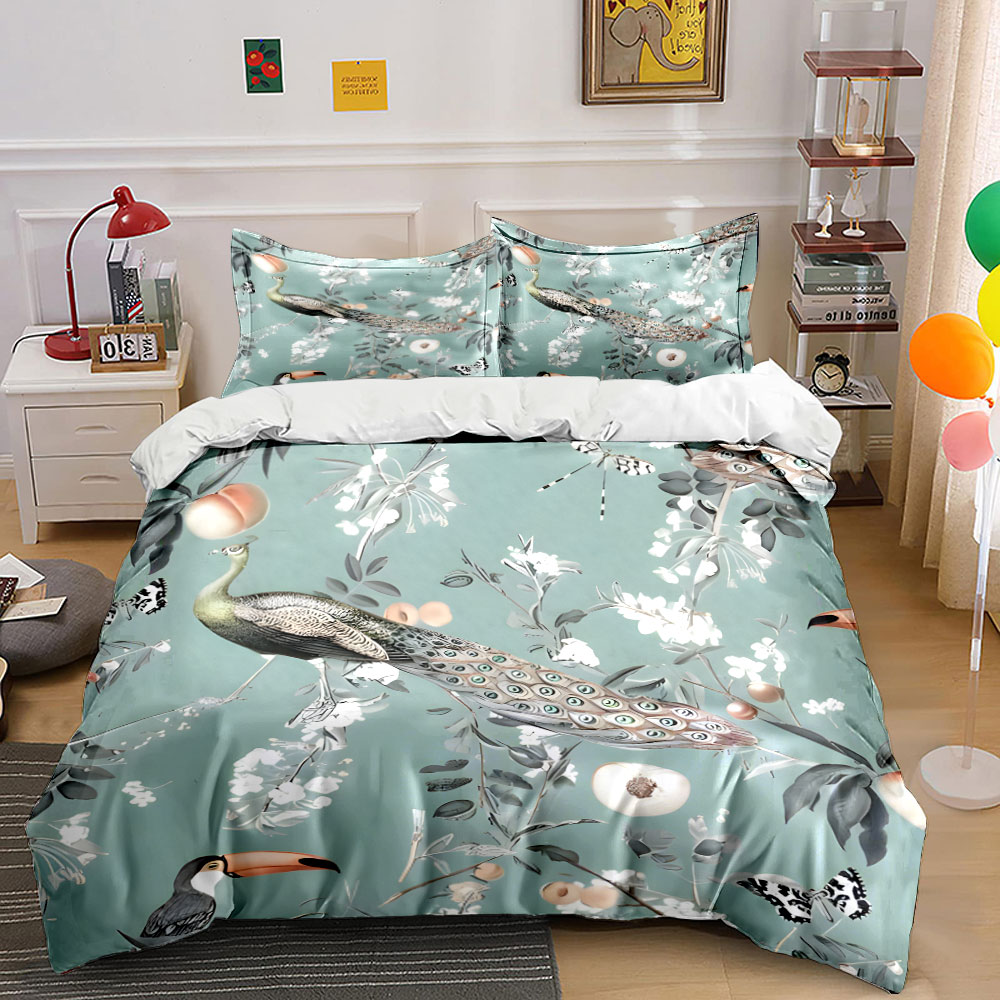 Aesthetic Floral Duvet Cover - 3-częściowy zestaw pościeli z motywem pawia,