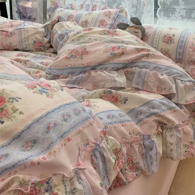 Aesthetic Floral Duvet Cover - Koreański styl księżniczki, kwiecisty zestaw pościeli,