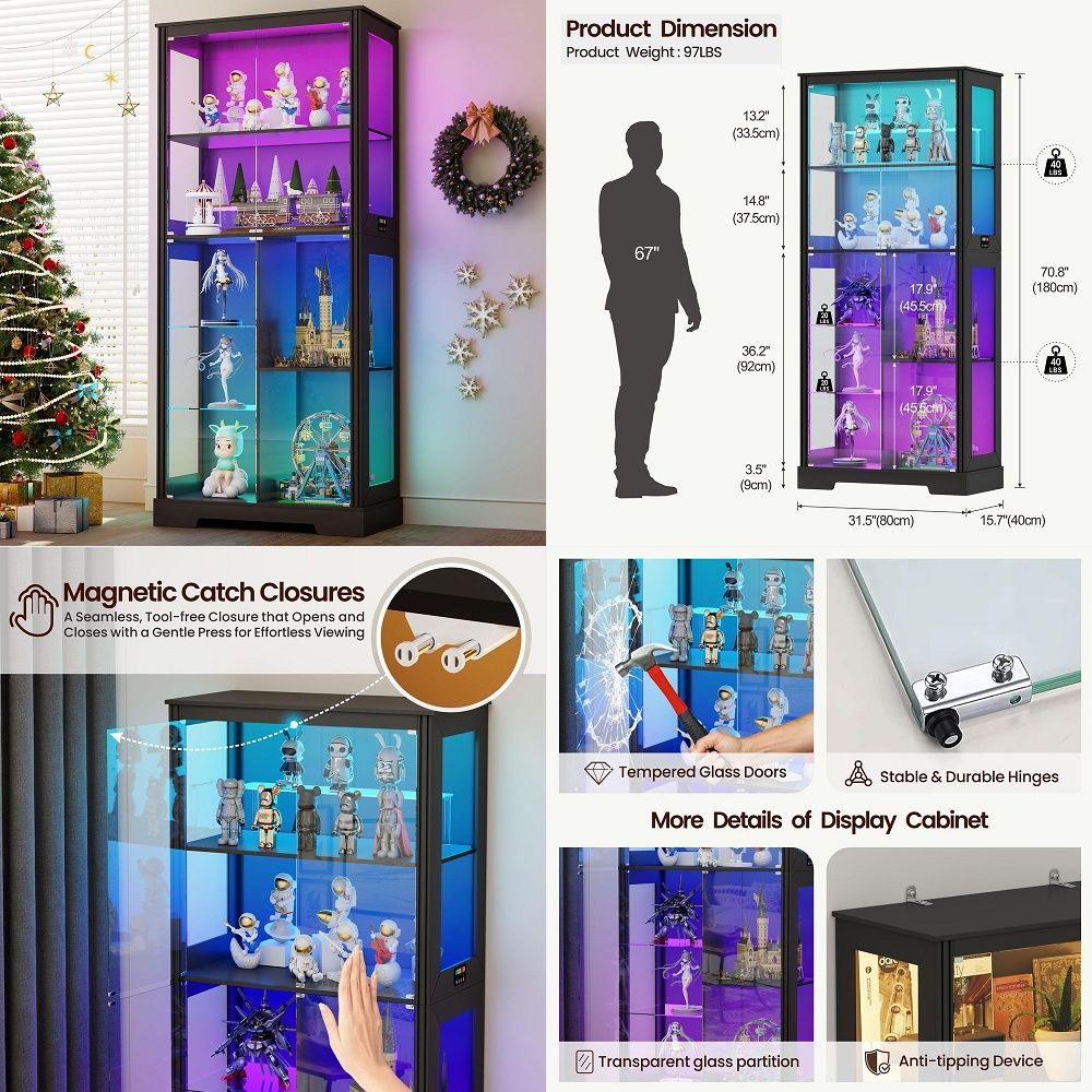 Storage & Organization - Podświetlana narożna witryna ekspozycyjna, drewniana, z