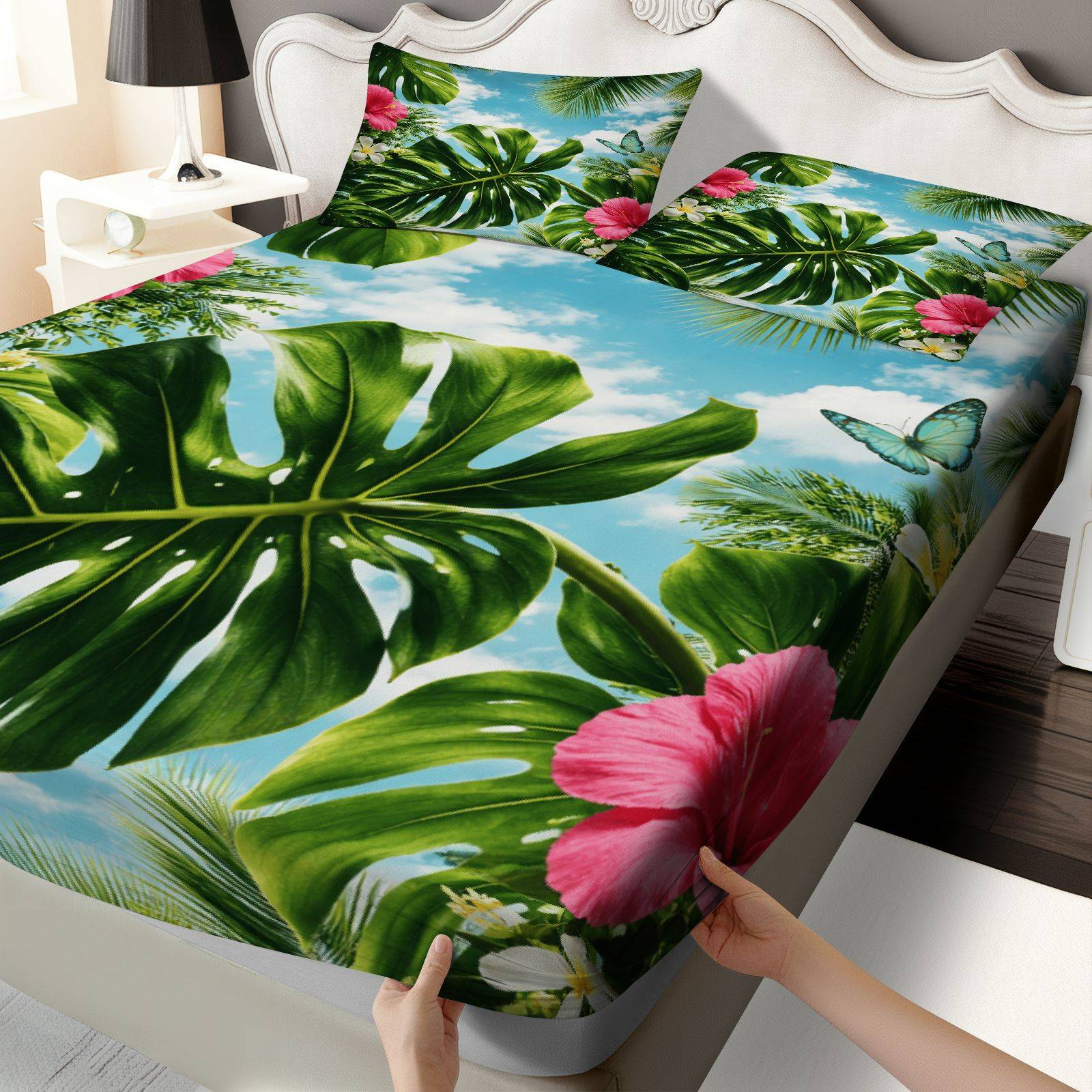 Fitted Bed Sheets Deep Pocket - Zestaw pościeli z motywem tropikalnego hibiskusa,